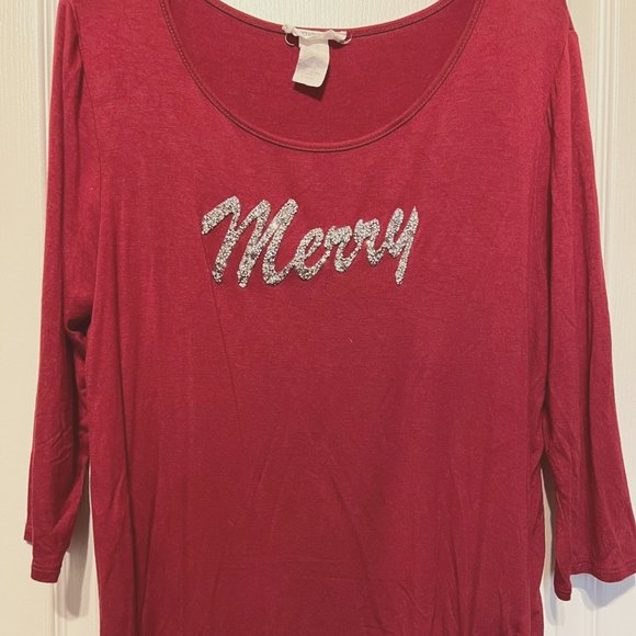 Exclusive One-Red/Maroonish 3/4" sleeve-Sparkle "Merry"-Size XL-Holiday-Cheers - Picture 1 of 8